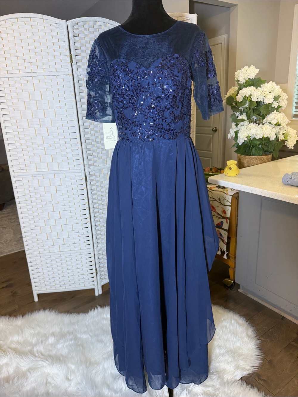 Navy Sequin Lace Maxi Dress with Short Sleeves